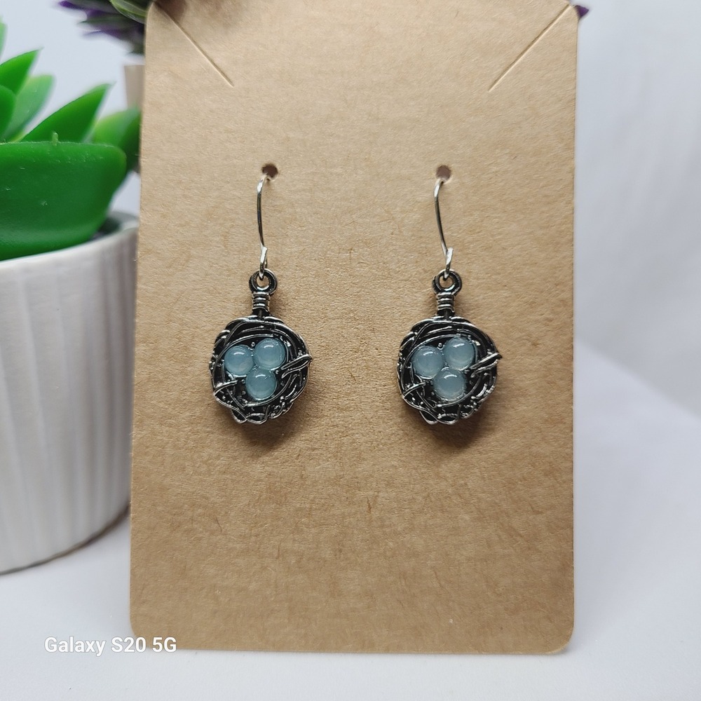 Bird Nest Earrings Blue Eggs Silver Tone‎ Dangle Drop Women's Jewelry NWOT - Picture 2 of 5